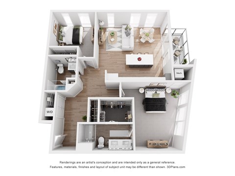 A 3D floor plan of a small apartment with a kitchen, living room, and bathroom.